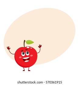 Cure and funny red apple character, mascot, decoration element, cartoon vector illustration with place for text. Red apple funny character, concept of health care for kids