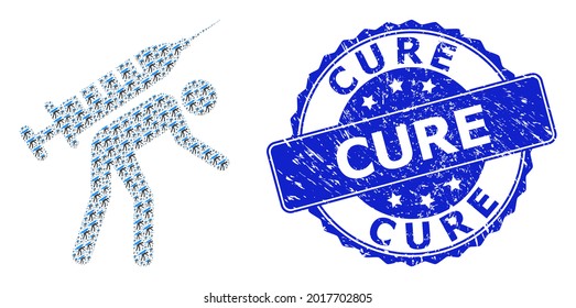 Cure grunge round seal imitation and vector fractal collage vaccine courier. Blue stamp seal contains Cure title inside round shape. Vector collage is done with recursive vaccine courier items.