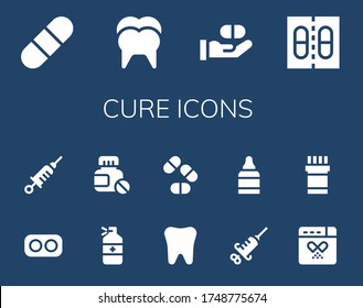 cure icon set. 14 filled cure icons.  Simple modern icons such as: Pill, Tooth, Medicine, Drugs, Vaccine, Pills, Syringe, Eye drops, Drug