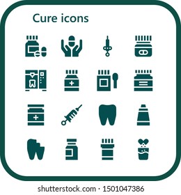 cure icon set. 16 filled cure icons.  Collection Of - Pills, Pill, Syringe, Medicine, Tooth, Drug, Vaccine, Ointment, Broken tooth, Effervescent