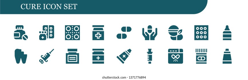 cure icon set. 18 filled cure icons.  Simple modern icons about  - Pills, Medicine, Pill, Drugs, Eye drops, Broken tooth, Syringe, Drug, Ointment