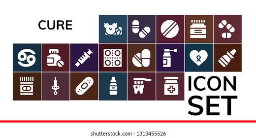 cure icon set. 19 filled cure icons.  Simple modern icons about  - Pills, Cancer, Medicine, Syringe, Plaster, Tooth, Nasal spray, Pill