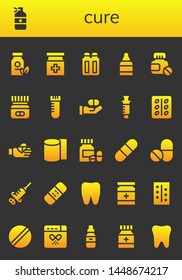 cure icon set. 26 filled cure icons.  Collection Of - Medicine, Suppositories, Eye drops, Pills, Vial, Syringe, Pill, Bandaged finger, Bandages, Tooth, Drug