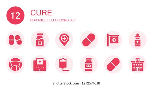 cure icon set. Collection of 12 filled cure icons included Pills, Medicine, Hospital, Pill, Iv