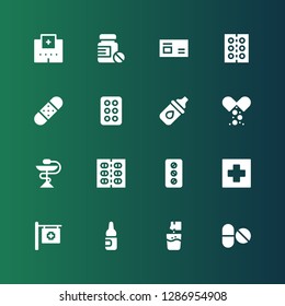 cure icon set. Collection of 16 filled cure icons included Pills, Effervescent, Ampoule, Hospital, Pill, Medicine, Eye drops, Drug, Bandage