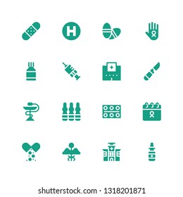 cure icon set. Collection of 16 filled cure icons included Nasal spray, Hospital, Medicine, Cancer, Pills, Ampoule, Scalpel, Vaccination, Bandage
