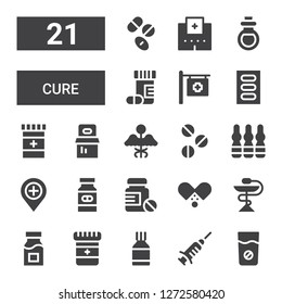 cure icon set. Collection of 21 filled cure icons included Medicine, Vaccine, Pills, Hospital, Ampoule, Drugs, Remedy