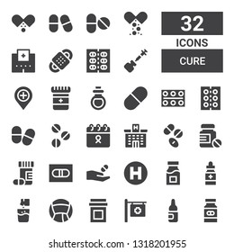 cure icon set. Collection of 32 filled cure icons included Medicine, Ampoule, Hospital, Pills, Effervescent, Pill, Drugs, Cancer, Drug, Remedy, Vaccine, Bandage