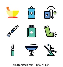 cure icon set. vector set about tonometer, syringe, mortar and ampoul icons set.