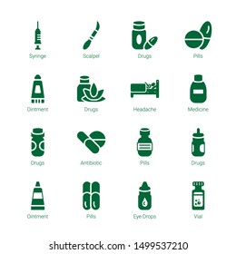 cure icons. Editable 16 cure icons. Included icons such as Syringe, Scalpel, Drugs, Pills, Ointment, Headache, Medicine, Antibiotic, Eye drops, Vial. cure trendy icons for web.