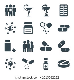 Cure icons. set of 16 editable filled cure icons such as pill, medicine, medical group, virus and pills