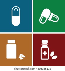 Cure icons set. set of 4 cure filled icons such as pill, medicine