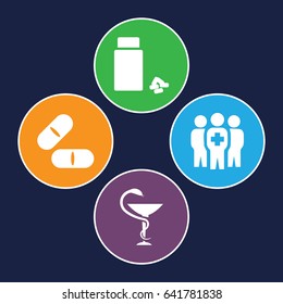 Cure icons set. set of 4 cure filled icons such as pill, medicine