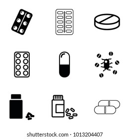 Cure icons. set of 9 editable filled and outline cure icons such as medicine, medical pills, pill