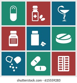 Cure icons set. set of 9 cure filled icons such as pill, medicine