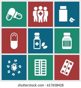 Cure icons set. set of 9 cure filled icons such as pill, medicine, medical pills, medicine bottle, medical group