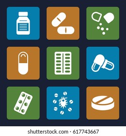 Cure icons set. set of 9 cure filled icons such as pill, medical pills, medicine