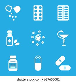 Cure icons set. set of 9 cure filled icons such as pill, medicine bottle, medicine