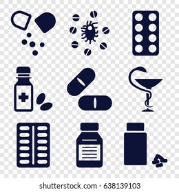 Cure icons set. set of 9 cure filled icons such as pill, medicine, medicine bottle