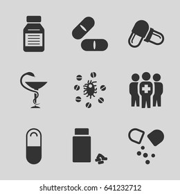 Cure icons set. set of 9 cure filled icons such as pill, medicine, medical group