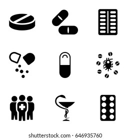 Cure icons set. set of 9 cure filled icons such as pill, medical group, medicine
