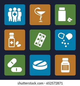 Cure icons set. set of 9 cure filled icons such as pill, medicine, medical pills, medicine bottle