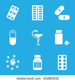 Cure icons set. set of 9 cure filled icons such as pill, medicine, medical pills