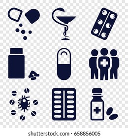 Cure icons set. set of 9 cure filled icons such as pill, medical pills, medicine bottle, medical group