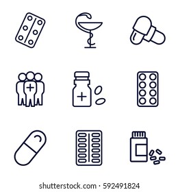 cure icons set. Set of 9 cure outline icons such as pill, medicine, medical pills, medicine bottle