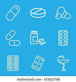 Cure icons set. set of 9 cure outline icons such as pill, medicine