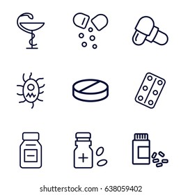 Cure icons set. set of 9 cure outline icons such as pill, medicine, medical pills, medicine bottle