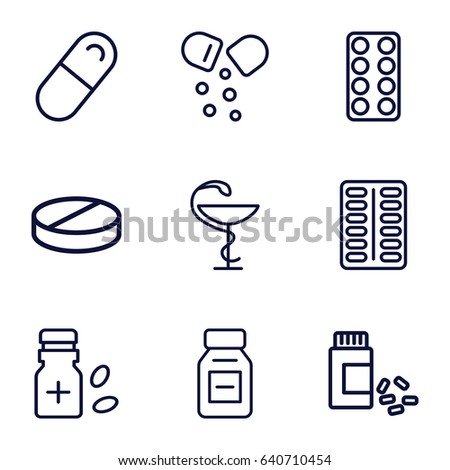 Cure icons set. set of 9 cure outline icons such as pill, medicine