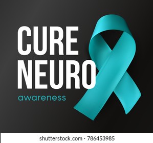 Cure neuro symbol, awareness abstract logo. Turquoise ribbon on black background with text vector illustration.