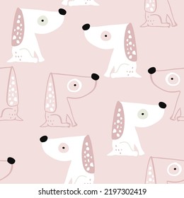 Cure pink dogs seamless pattern. Funny white puppy texture.. Vector illustration