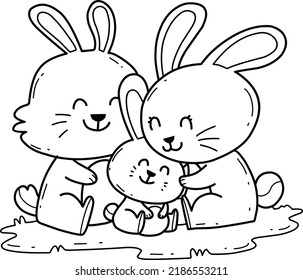 cure rabbit family hugging each other coloring page hand drawn