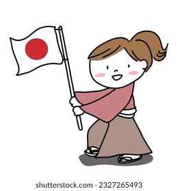 Cure Samurai waving flag. Happy boy in kimono costume waving flag. Japanese boy in national costume standing and waving flag. Child with kimono outfit smiling and waving his nation's flag.