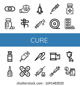cure simple icons set. Contains such icons as Plaster, Medicine, Needle, Syringe, Medical tape, Pills, Drug container, Eye drops, Vaccine, can be used for web, mobile and logo