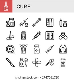 cure simple icons set. Contains such icons as Eye drops, Medicine, Syringe, Vaccine, Blister pack, Needle, Drugs, Medical tape, Leech therapy, can be used for web, mobile and logo