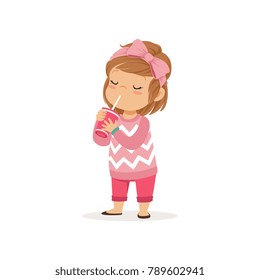 Cure toddler girl enjoying delicious refreshing cocktail. Cartoon kid character in pink pants and sweater with pattern. Colorful flat vector design