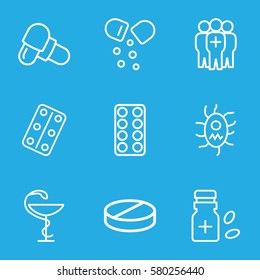 cure vector icons. Set of 9 cure outline icons such as pill, medical pills, medicine bottle, medical group, medicine