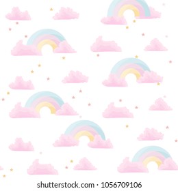 Cure vector illustration with rainbow and pink clouds with stars. Seamless pattern design for girls