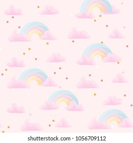 Cure vector illustration with rainbow and pink clouds with stars. Seamless pattern design for girls