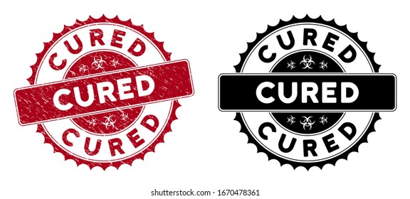 Cured seal stamp. Red vector rounded scratched seal stamp with Cured caption. Designed for rubber imitations with distress rubber texture.