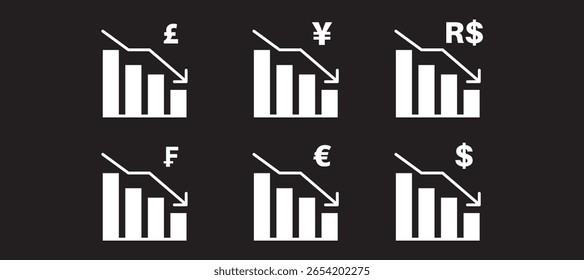 moeda comércio gráfico tendência descendente bárico descendente dólar suíço franc iene yuan libra esterlina euro real negativo ícone vetor imagem