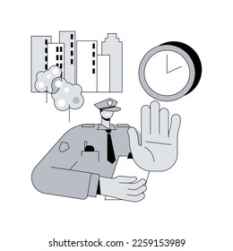Ilustración vectorial de concepto abstracto de toque de queda. Protesta pública, manifestación, disturbios masivos, multitudes callejeras, reuniones, vandalismo y saqueos, permanencia en casa restricción reglas violación metáfora abstracta.