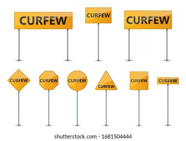 Curfew warning road signs. Set of road signs. Covid-19 sign isolated. Vector illustration.