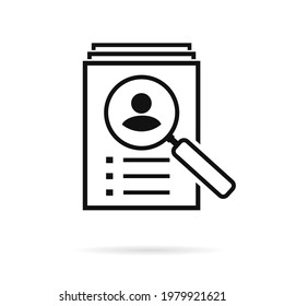 Curiculum vitae sign. Stack of documents with a magnifying glass and photo profile. Job recruitment. Illustration vector