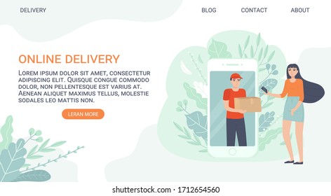 Curier bring order through smartphone for customer. Online shopping, delivery concept. Can be used for web and app landing. Stock vector illustration in flat cartoon style.