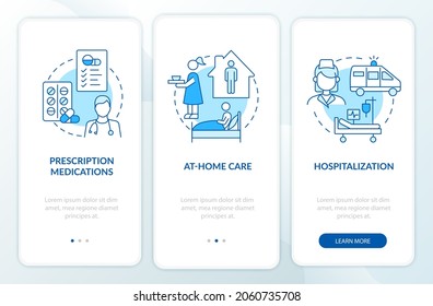 Curing pneumonia onboarding mobile app page screen. At home and hospital care walkthrough 3 steps graphic instructions with concepts. UI, UX, GUI vector template with linear color illustrations