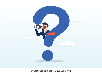 Curios businessman with huge question mark look through binoculars to search for new business idea, curiosity explore unknown, search for solution, new business opportunity, seek for success (Vector)